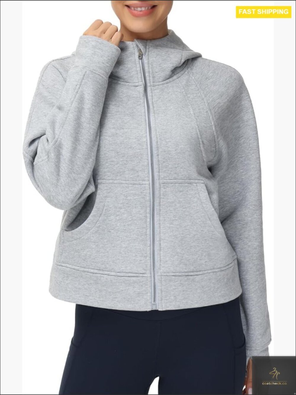 Full Zip Up Hoodie Fleece Workout Crop Jacket with Pockets Thumb Hole